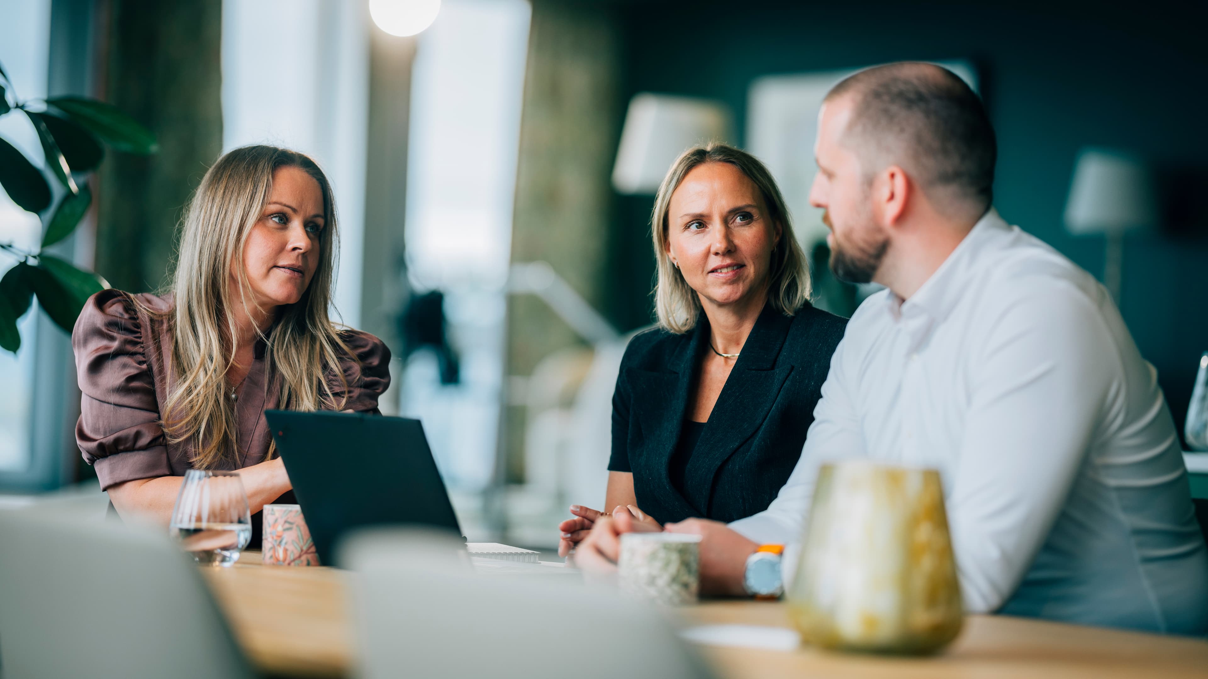 Three colleagues in a meeting around a laptop