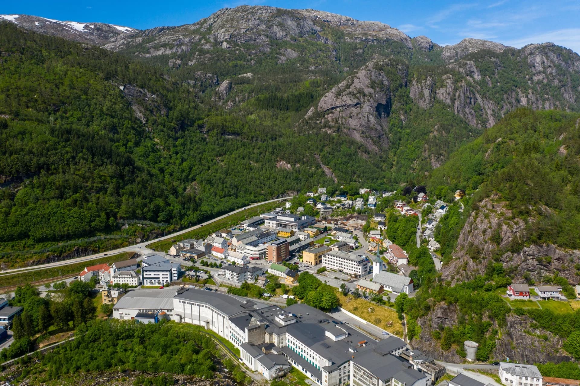 Aerial view of the Dale Fabrikker site and the surrounding village north of Bergen