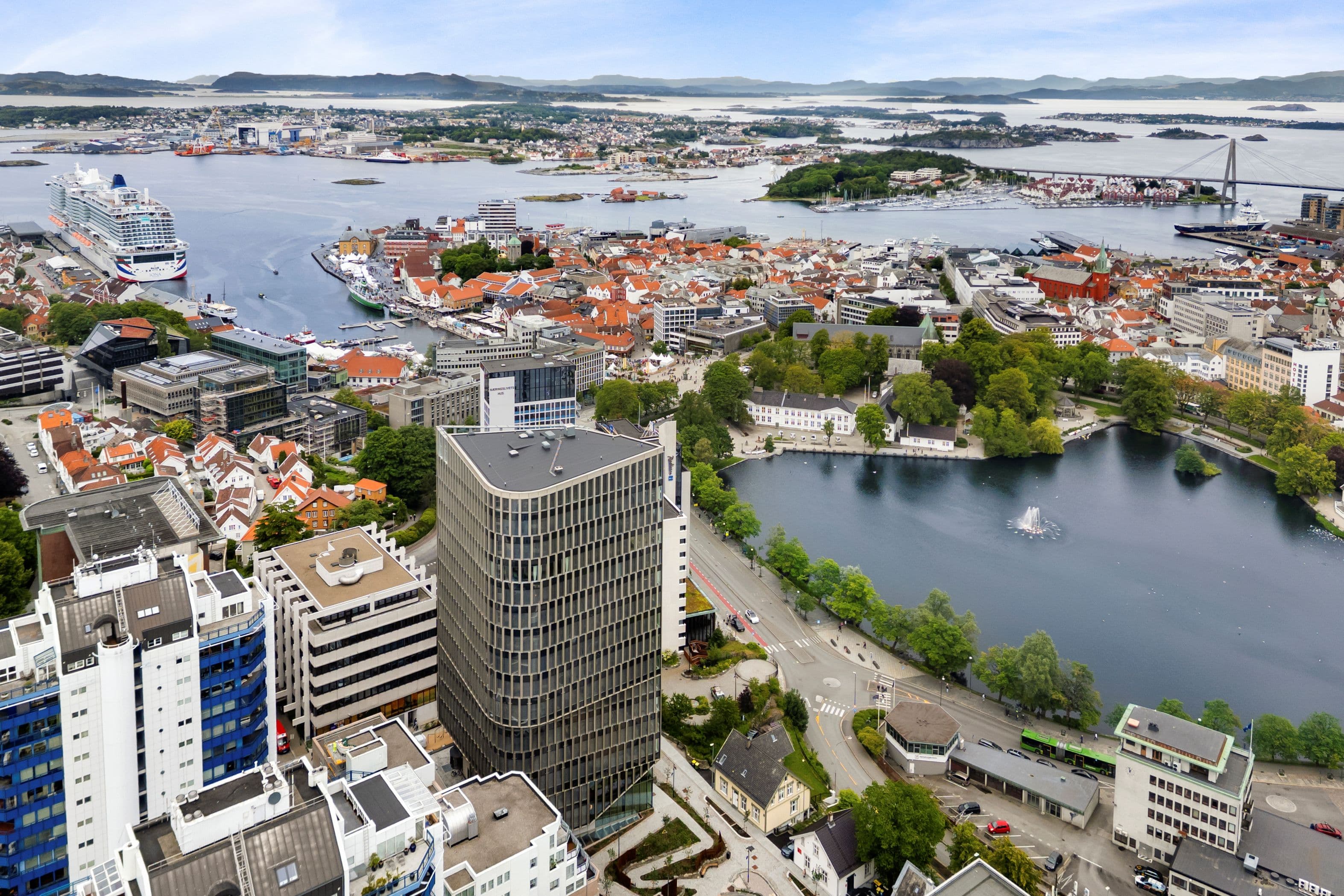 Aerial view over central Stavanger, with the harbour and the city lake